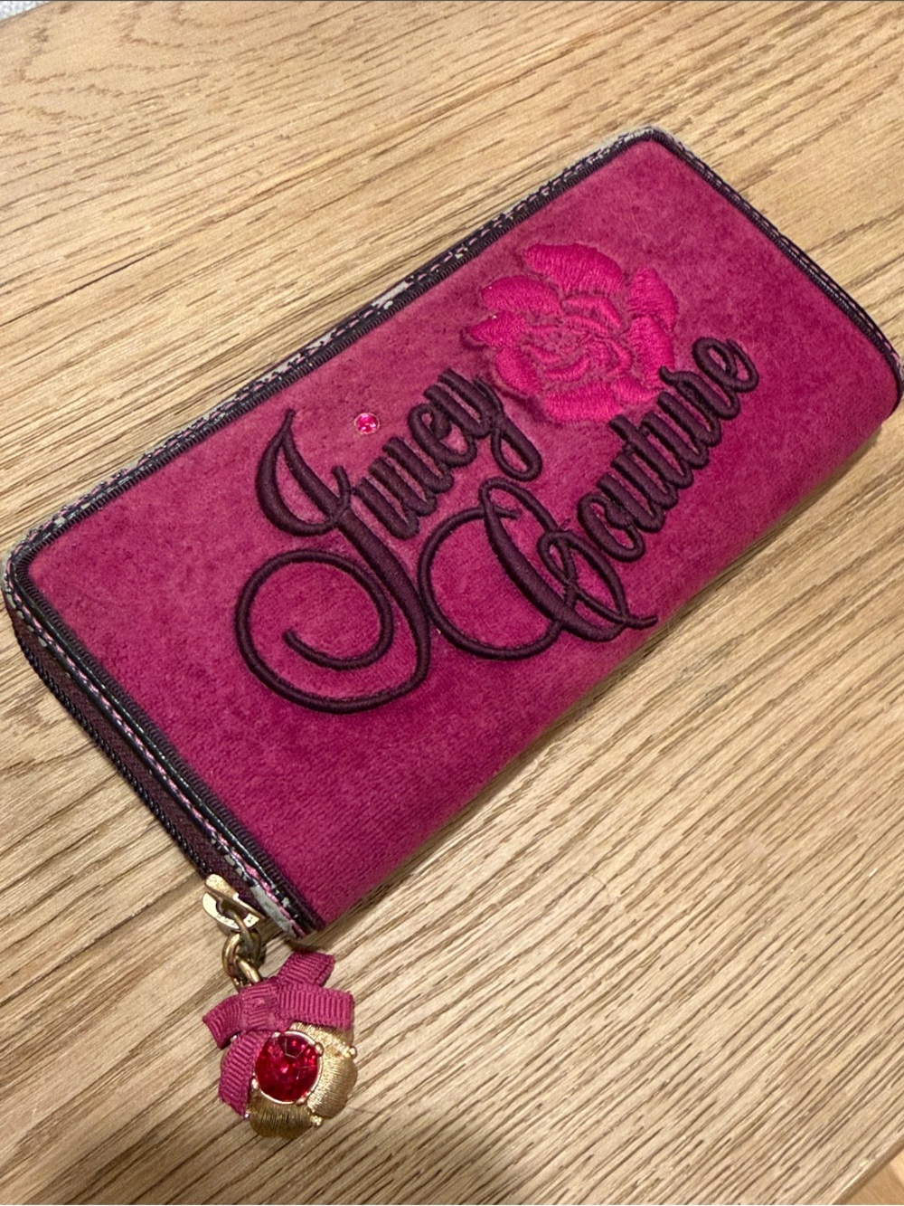 Vintage Juicy Couture Fuchsia Zip-Around Wallet with Charm Y2K